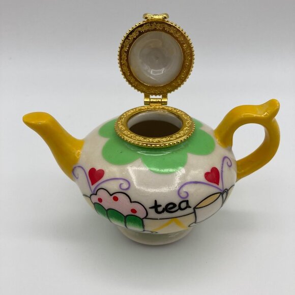 Miniature Porcelain Hinged Teapot Trinket, Pill, Jewelry Holder - Picture 6 of 7